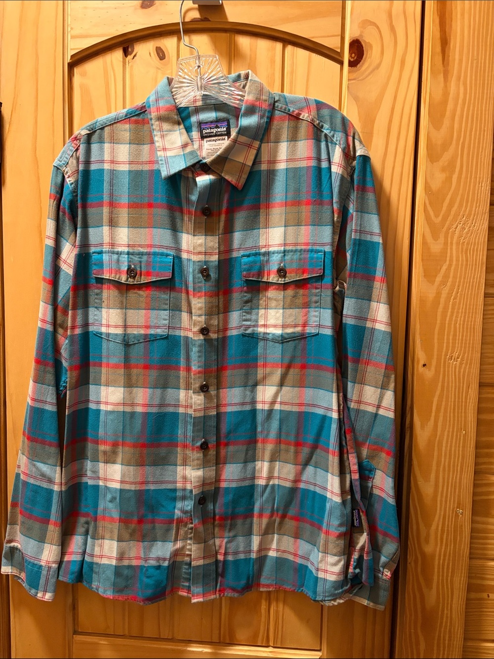 Patagonia Teal, Red & Beige Plaid Button-Front Shirt